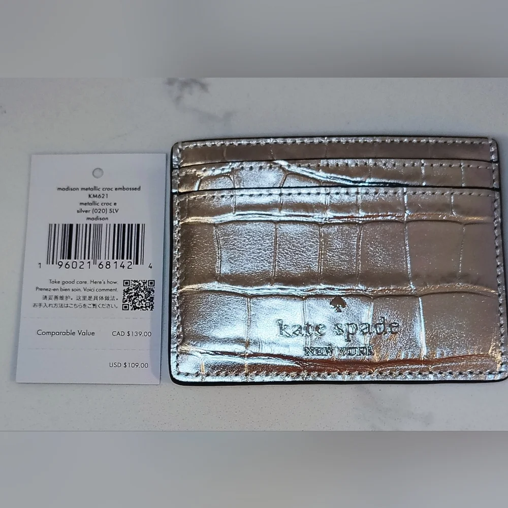 NWT Kate Spade Card Holder - Silver Croc Embossed - Picture 4 of 8